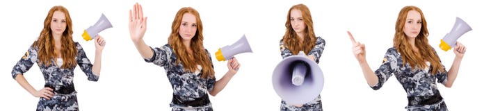 Il soldato della donna isolato su bianco Immagine Stock Il soldato della donna isolato su bianco Immagine Stock