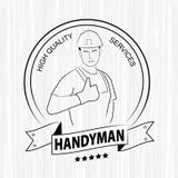 Il tuttofare professionista assiste il logo Siluetta dei vestiti da lavoro d'uso del tuttofare su fondo di legno bianco Immagini Stock Il tuttofare professionista assiste il logo Siluetta dei vestiti da lavoro d'uso del tuttofare su fondo di legno bianco Immagini Stock