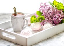 Il tè è servito in un contenitore di regalo con le caramelle gommosa e molle ed in un mazzo di un lillà Fine in su fotografie stock libere da diritti Il tè è servito in un contenitore di regalo con le caramelle gommosa e molle ed in un mazzo di un lillà Fine in su fotografie stock libere da diritti
