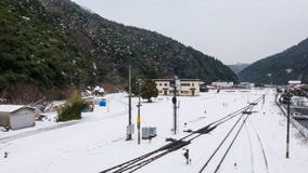 Il viaggio in treno in ritardo dovuto la copertura di neve della bufera di neve le rotaie fino al treno non può essere trasportat Immagini Stock Libere da Diritti Il viaggio in treno in ritardo dovuto la copertura di neve della bufera di neve le rotaie fino al treno non può essere trasportat Immagini Stock Libere da Diritti