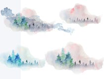 Il woddland astratto dell'acquerello, siluetta degli abeti con le ceneri e spruzza, fondo dell'inverno royalty illustrazione gratis Il woddland astratto dell'acquerello, siluetta degli abeti con le ceneri e spruzza, fondo dell'inverno royalty illustrazione gratis