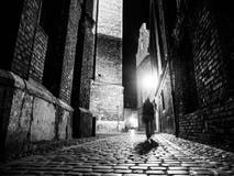 Illuminated cobbled street in old city by night Stock Photos Illuminated cobbled street in old city by night Stock Photos