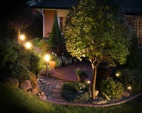 Illuminated garden path patio