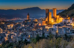 Illuminated Pacentro in the evening, medieval village in L`Aquila province, Abruzzo, central Italy.
