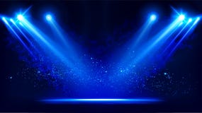 Illuminated stage with scenic lights and smoke. Blue vector spotlight with smoke volume light effect on black background