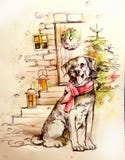 Illustratie van een hond dichtbij een Kerstboom stock illustratie Illustratie van een hond dichtbij een Kerstboom stock illustratie