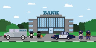 Illustration av en polis som jagar en tjuv med den stal påsen Service för banksäkerhetsfinans Bil och tecknad film 2d för sheriff Royaltyfri Foto Illustration av en polis som jagar en tjuv med den stal påsen Service för banksäkerhetsfinans Bil och tecknad film 2d för sheriff Royaltyfri Foto