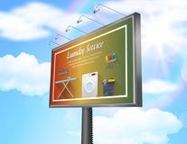 Billboard advertisement poster with laundry service on daytime blue sky background vector illustration Billboard advertisement poster with laundry service on daytime blue sky background vector illustration