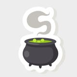 Illustration boiling cauldron with magic potion sticker icon