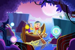 Illustration for Children: The Girl Went for a Row to Pick Spirit Flowers in the Secret Forest. stock illustration Illustration for Children: The Girl Went for a Row to Pick Spirit Flowers in the Secret Forest. stock illustration