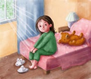 Quiet playtime with toys at home. Illustration of cute little girl sitting on her bed with her teddy bear
