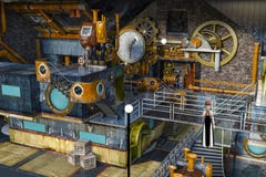 illustration 3D av steampunkkvinnan i gammal övergiven fabrik stock illustrationer illustration 3D av steampunkkvinnan i gammal övergiven fabrik stock illustrationer