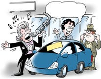 Illustration de bande dessinée d'un vendeur de voiture qui chante dans un échappement automatique illustration stock Illustration de bande dessinée d'un vendeur de voiture qui chante dans un échappement automatique illustration stock