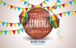 Illustration de Festa Junina avec des drapeaux de partie et lampion sur le fond jaune Conception de festival du Br?sil juin de ve illustration stock Illustration de Festa Junina avec des drapeaux de partie et lampion sur le fond jaune Conception de festival du Br?sil juin de ve illustration stock