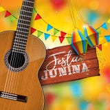 Illustration de Festa Junina avec la guitare acoustique, les drapeaux de partie et le lampion sur le fond jaune Typographie dessu illustration stock Illustration de Festa Junina avec la guitare acoustique, les drapeaux de partie et le lampion sur le fond jaune Typographie dessu illustration stock