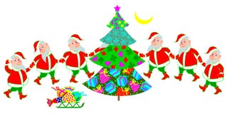 Illustration de la danse drôle de Santa Claus autour de l'arbre de Noël Photo libre de droits Illustration de la danse drôle de Santa Claus autour de l'arbre de Noël Photo libre de droits