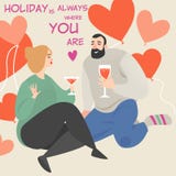 Illustration de vecteur pour une carte de voeux ou bannière avec un couple mignon se reposant sur le plancher et le vin potable illustration stock Illustration de vecteur pour une carte de voeux ou bannière avec un couple mignon se reposant sur le plancher et le vin potable illustration stock