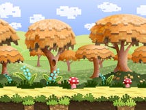 Illustration einer Naturlandschaft, mit Pixelbäumen und grünen Hügeln, endloser Hintergrund des Vektors mit getrennten Schichten stock abbildung Illustration einer Naturlandschaft, mit Pixelbäumen und grünen Hügeln, endloser Hintergrund des Vektors mit getrennten Schichten stock abbildung