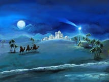 The illustration of the holy family and three kings - traditional scene - illustration for the children