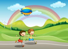 Kids running with an airship above stock illustration Kids running with an airship above stock illustration