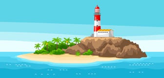 Illustration of lighthouse on rocky coast. Landscape with ocean, palm trees and rocks. Travel background royalty free illustration Illustration of lighthouse on rocky coast. Landscape with ocean, palm trees and rocks. Travel background royalty free illustration