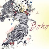 Illustration med den hand dragen fågeln, blommor, fjärilar och kli vektor illustrationer Illustration med den hand dragen fågeln, blommor, fjärilar och kli vektor illustrationer