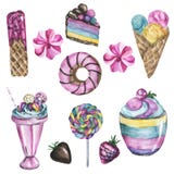 Illustration mignonne de fruit et de dessert, aquarelle photographie stock Illustration mignonne de fruit et de dessert, aquarelle photographie stock