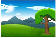 Nature landscape with green meadow sunlight and mountain vector illustration Nature landscape with green meadow sunlight and mountain vector illustration