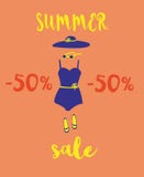 Illustration of summer discounts, sale. Beach accessories and handwritten font. Hat, swimsuit, sunglasses, beach slippers. Fashion royalty free illustration Illustration of summer discounts, sale. Beach accessories and handwritten font. Hat, swimsuit, sunglasses, beach slippers. Fashion royalty free illustration