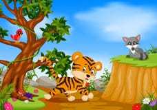 Tiger, bird and raccoon with mountain cliff scene stock illustration Tiger, bird and raccoon with mountain cliff scene stock illustration