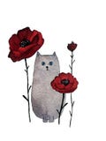 Illustration tirée par la main d'aquarelle de chat gris avec les fleurs rouges illustration libre de droits Illustration tirée par la main d'aquarelle de chat gris avec les fleurs rouges illustration libre de droits