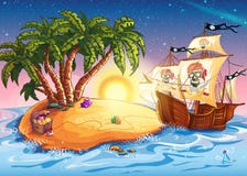 Illustration of treasure island and pirate ship