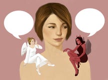 Illustration of a woman with a devil and angel having conversation on her shoulder Royalty Free Stock Image Illustration of a woman with a devil and angel having conversation on her shoulder Royalty Free Stock Image