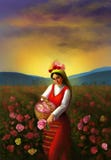 Illustration of a young Bulgarian girl wearing traditional clothing and piking up roses