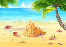 Illustrationferie vid havet med sandslotten och glade champinjoner stock illustrationer Illustrationferie vid havet med sandslotten och glade champinjoner stock illustrationer