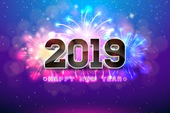 Illustrazione 2019 del buon anno con i fuochi d'artificio e numero 3d su fondo blu Progettazione di festa di vettore per l'aletta royalty illustrazione gratis Illustrazione 2019 del buon anno con i fuochi d'artificio e numero 3d su fondo blu Progettazione di festa di vettore per l'aletta royalty illustrazione gratis