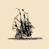 Illustrazione della nave di navigazione nello stile inciso Schizzo della mano di vecchio fluyt Progettazione marina di tema royalty illustrazione gratis Illustrazione della nave di navigazione nello stile inciso Schizzo della mano di vecchio fluyt Progettazione marina di tema royalty illustrazione gratis