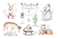 Illustrazione di Buon Natale dell'acquerello con il pupazzo di neve, animali svegli cervi, coniglio di festa Carte di celebrazion illustrazione vettoriale Illustrazione di Buon Natale dell'acquerello con il pupazzo di neve, animali svegli cervi, coniglio di festa Carte di celebrazion illustrazione vettoriale