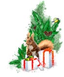 Illustrazione di Natale con abete, i regali e lo scoiattolo royalty illustrazione gratis Illustrazione di Natale con abete, i regali e lo scoiattolo royalty illustrazione gratis