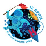 Illustrazione di vettore a 12 April Cosmonautics Day Un astronauta o un cosmonauta con una bandiera rossa nello spazio cosmico e royalty illustrazione gratis Illustrazione di vettore a 12 April Cosmonautics Day Un astronauta o un cosmonauta con una bandiera rossa nello spazio cosmico e royalty illustrazione gratis