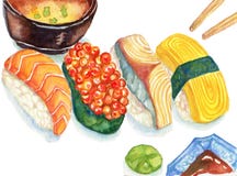 Illustrazione disegnata a mano dei sushi degli alimenti giapponesi dell'acquerello royalty illustrazione gratis Illustrazione disegnata a mano dei sushi degli alimenti giapponesi dell'acquerello royalty illustrazione gratis