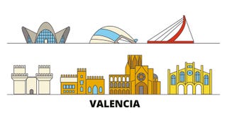 Illustrazione piana di vettore dei punti di riferimento della Spagna, Valencia Linea città con le viste famose di viaggio, orizzo royalty illustrazione gratis Illustrazione piana di vettore dei punti di riferimento della Spagna, Valencia Linea città con le viste famose di viaggio, orizzo royalty illustrazione gratis
