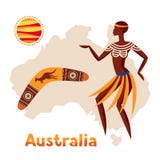 Ilustracja Australia mapa z kobieta bumerangiem i aborygenem ilustracji Ilustracja Australia mapa z kobieta bumerangiem i aborygenem ilustracji