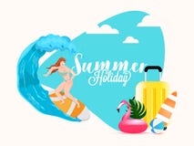 Ilustracja surfingowiec kobiety pikowania woda z podr??n? torb?, p?ywa kaczki na abstrakcjonistycznym tle ilustracji Ilustracja surfingowiec kobiety pikowania woda z podr??n? torb?, p?ywa kaczki na abstrakcjonistycznym tle ilustracji