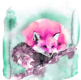 Ilustra??o bonito da aquarela com a raposa vermelha cor-de-rosa O animal macio dorme docemente ilustração stock Ilustra??o bonito da aquarela com a raposa vermelha cor-de-rosa O animal macio dorme docemente ilustração stock