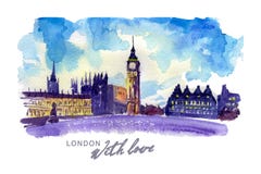 Ilustração colorida tirada mão da aquarela da opinião da cidade de Londres ilustração stock Ilustração colorida tirada mão da aquarela da opinião da cidade de Londres ilustração stock