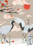 Ilustração com guindastes e queda de neve no por do sol ilustração do vetor Ilustração com guindastes e queda de neve no por do sol ilustração do vetor