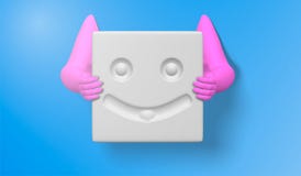 ilustração 3D de uma mão cor-de-rosa com ícones da cara do smiley e o emoticon simples, isolada no fundo azul, vagabundos abstrat ilustração royalty free ilustração 3D de uma mão cor-de-rosa com ícones da cara do smiley e o emoticon simples, isolada no fundo azul, vagabundos abstrat ilustração royalty free