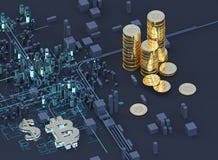 ilustração 3D do símbolo do bitcoin que aumenta da cidade moderna na margem ilustração stock ilustração 3D do símbolo do bitcoin que aumenta da cidade moderna na margem ilustração stock
