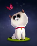Ilustração das crianças do gato Siamese que situa na grama e que olha acima em voar a borboleta cor-de-rosa ilustração do vetor Ilustração das crianças do gato Siamese que situa na grama e que olha acima em voar a borboleta cor-de-rosa ilustração do vetor